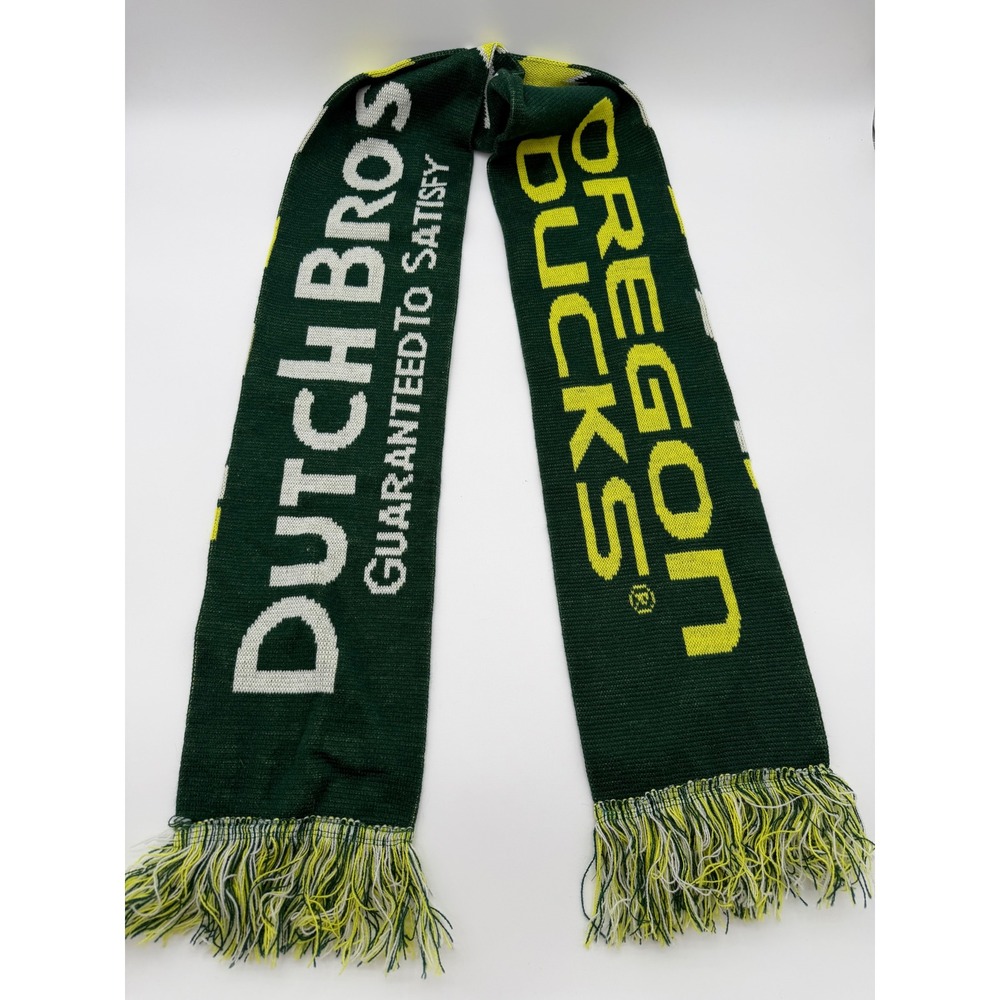 Dutch Bros Oregon Ducks Scarf Green Yellow White Knit Fringe University Oregon
